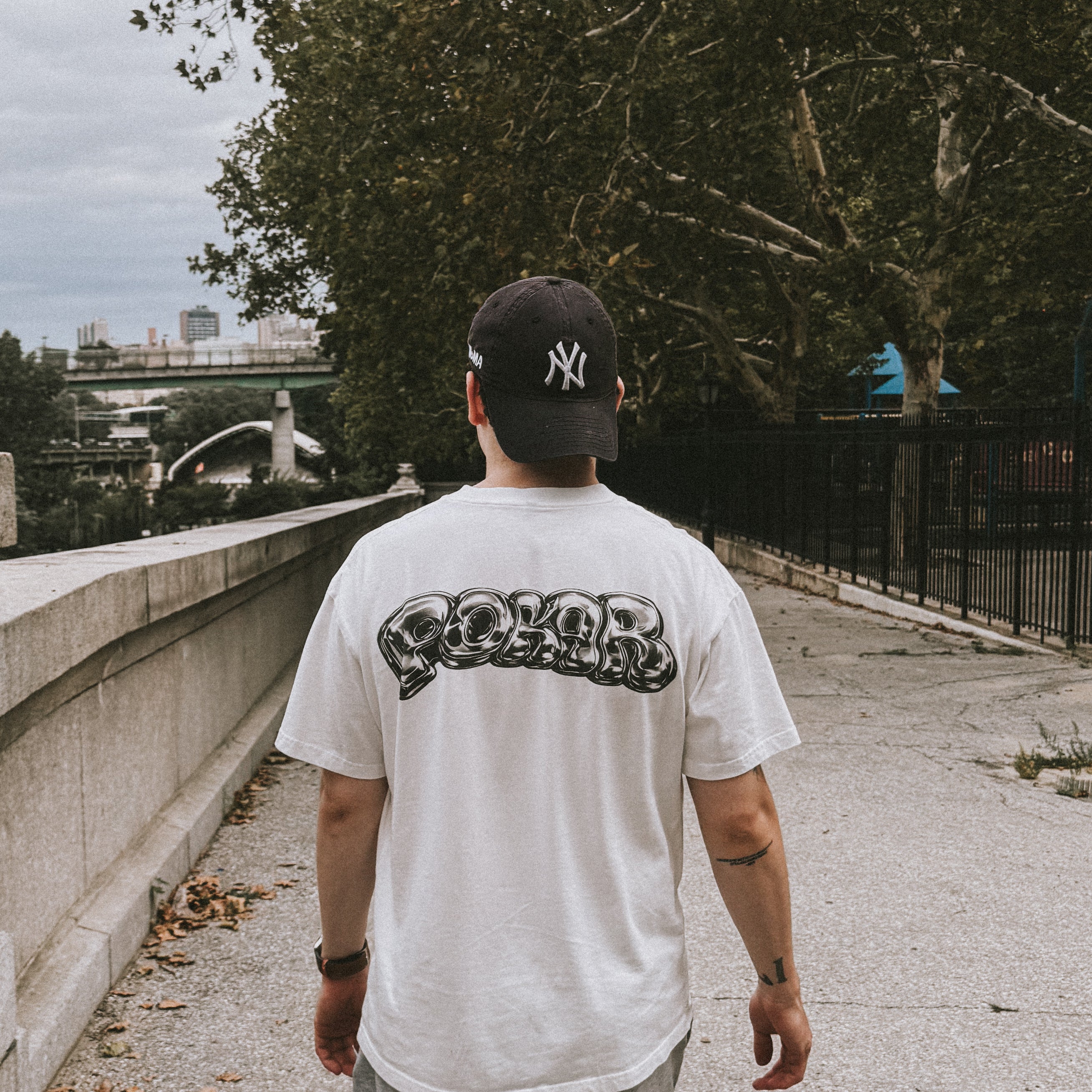 POKAR white tee photographed in New York